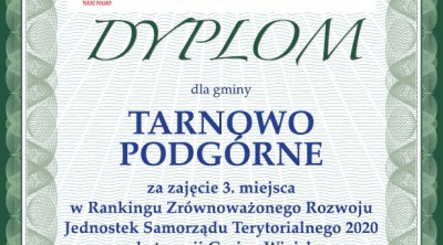 Dyplom za zajęcie trzeciego miejsca w rankingu zrównoważonego rozwoju dla Gminy Tarnowo Podgórne