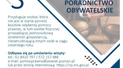 Pamiętaj, że nieodpłatna pomoc prawna i nieodpłatne poradnictwo obywatelskie przysługuje osobie, która nie jest w stanie ponieść kosztów odpłatnej pomocy prawnej, w tym osobie fizycznej prowadzącej jednoosobową działalność gospodarczą, niezatrudniającą innych osób w ciągu ostatniego roku. Odbywa się po umówieniu wizyty: tel. 61 8410 797 / 572 157 488 e-mail: pomocprawna@powiat.poznan.pl lub przez stronę internetową Gdzie skorzystać z nieodpłatnej pomocy prawnej w Gminie Tarnowo Podgórne? miejsce: Ośrodek Pomocy Społecznej, ul. Poznańska 94, 62-080 Tarnowo Podgórne poniedziałek: godz. 14:00 - 18:00 wtorek, środa, piątek: godz. 8:00 - 12:00 czwartek: godz. 11:00 - 15:00