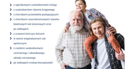 Wielkopolskie Centrum Fizjoterapii w ramach umów z NFZ , zaprasza na bezpłatną fizjoterapię domową – w domu u pacjenta, którą realizujemy dla pacjentów z orzeczeniem o znacznym stopniu niepełnosprawności (I grupa). Kto się kwalifikuje na fizjoterapię domową? pacjenci z: ogniskowymi uszkodzeniami mózgu (stany po zatorach mózgowych, udarach krwotocznych mózgu, urazach) do 12 miesięcy od ostrego incydentu mózgowego, z ciężkimi uszkodzeniami centralnego i obwodowego układu nerwowego (5 stopień w skali Rankina - nie dotyczy dzieci do 18 roku życia), z uszkodzeniem rdzenia kręgowego do 12 miesięcy od powstania uszkodzenia, z chorobami przewlekle postępującymi, a w szczególności: miopatiami, chorobą Parkinsona, zapaleniem wielomięśniowym, rdzeniowym zanikiem mięśni, guzami mózgu, procesami demielinizacyjnymi,(stwardnienie rozsiane SM, polineuropatie, neuropatie), kolagenozami (np. toczeń układowy, twardzina, zapalenie wielomięśniowe), przewlekłymi zespołami pozapiramidowymi, reumatoidalnym zapaleniem stawów, z chorobami zwyrodnieniowymi stawów biodrowych lub kolanowych oraz po zabiegach endoprotezoplastyki stawu (do 6 miesięcy po operacji), z urazami kończyn dolnych (do 6 miesięcy po urazie) oraz osoby w stanie wegetatywnym lub apalicznym, inne.