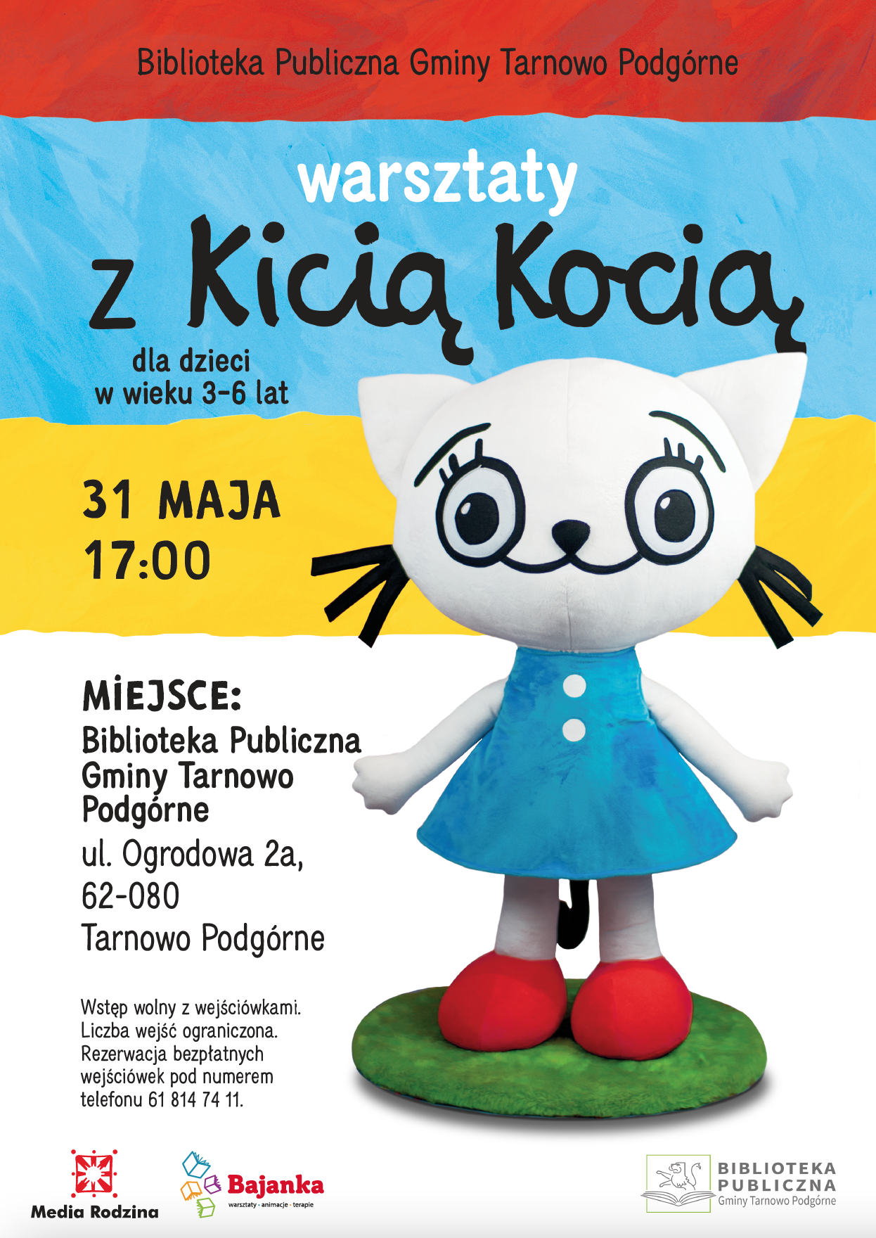 Baner promujący warsztaty z Kicią Kocią 31 maja godz. 17:00