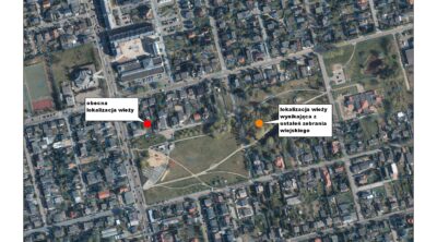 grafika ilustracyjna - mapka z zaznaczonymi dwoma lokalizacjami wieży w Przeźmierowie (aktualną i proponowaną)