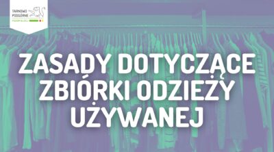 Baner informujący o zasadach dotyczących zbiórki odzieży używanej.