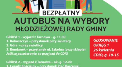 Rozkład jazdy bezpłatnego autobusy na wybory Młodzieżowej Rady Gminy.