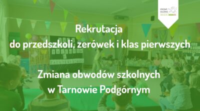 grafika z tekstem rekrutacja do przedszkoli zerówek i klas pierwszych zmiana obwodów szkolnych w Tarnowie Podgórnym